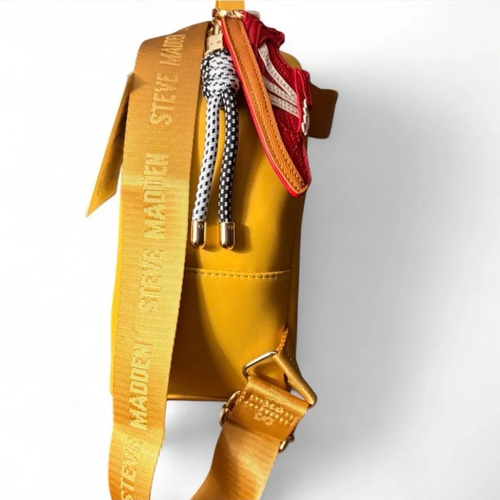 Steve Madden BBLogo Mustard Yellow Mini Backpack w sneaker charm & fun pins - Picture 4 of 8